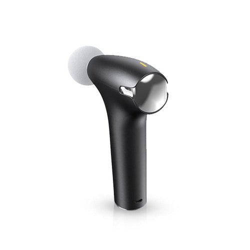 A sleek, modern black device from Renpho, the Lite Massage Gun, resembles a compact stick vacuum cleaner with a cylindrical nozzle at the front and a wide, flat base. It features a metallic circular head and includes a small white foam-like attachment on the side. (A)