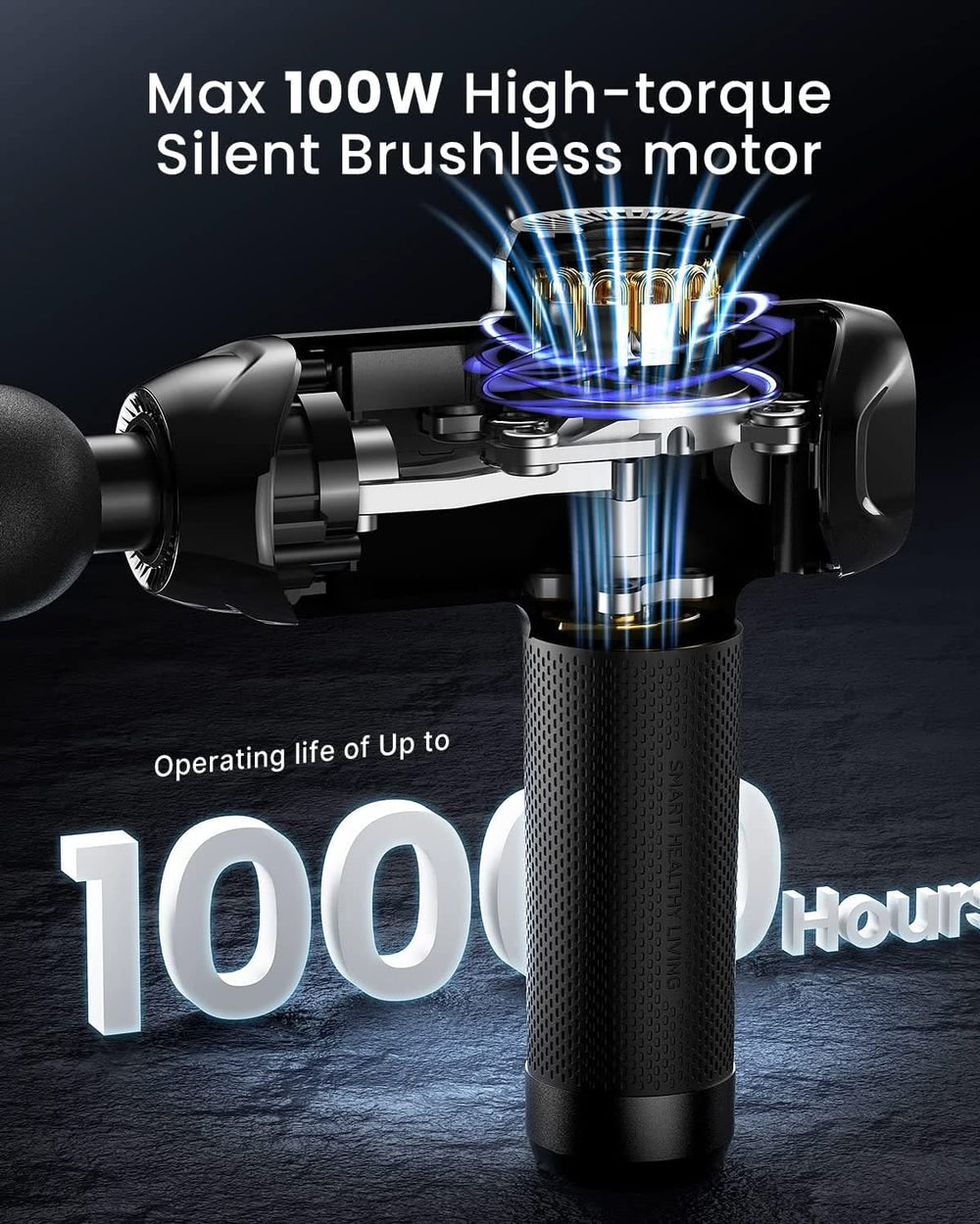 Detailed alt text: An image showcases a black Renpho Power Massage Gun with a sleek, modern design. The device has a cutaway view illustrating its internal components, including a high-torque, silent brushless motor for muscle soreness recovery. Text on the image highlights "Max 100W High-torque Silent Brushless motor" and "Operating life of up to 1000 hours.