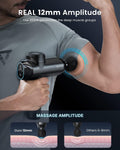 A person is using a Renpho Power Massage Gun on their upper arm. The device displays the text "REAL 12mm Amplitude," indicating deeper muscle penetration for optimal muscle soreness recovery. Below, a comparison shows "Ours 12mm" versus "Others 6-8mm" with corresponding illustrations of varying muscle penetration depths.