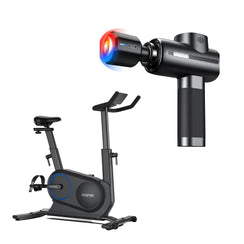 A modern RENPHO AI Smart Bike S stands to the left, showcasing a sleek, minimalist design in black with blue accents. To the right, the sophisticated RENPHO Active Thermacool handheld massage gun, captured in profile, displays LED lights at the head illuminating red and blue hues—making it perfect for fitness recovery.