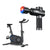 Image of a sleek black AI Smart Bike S and a black Renpho Active Thermacool massage gun. The exercise bike features a digital display and pedal straps. The massage gun has a cylindrical shape with glowing red and blue lights on its head, indicating it is activated—perfect tools from Renpho to help you achieve your fitness goals.