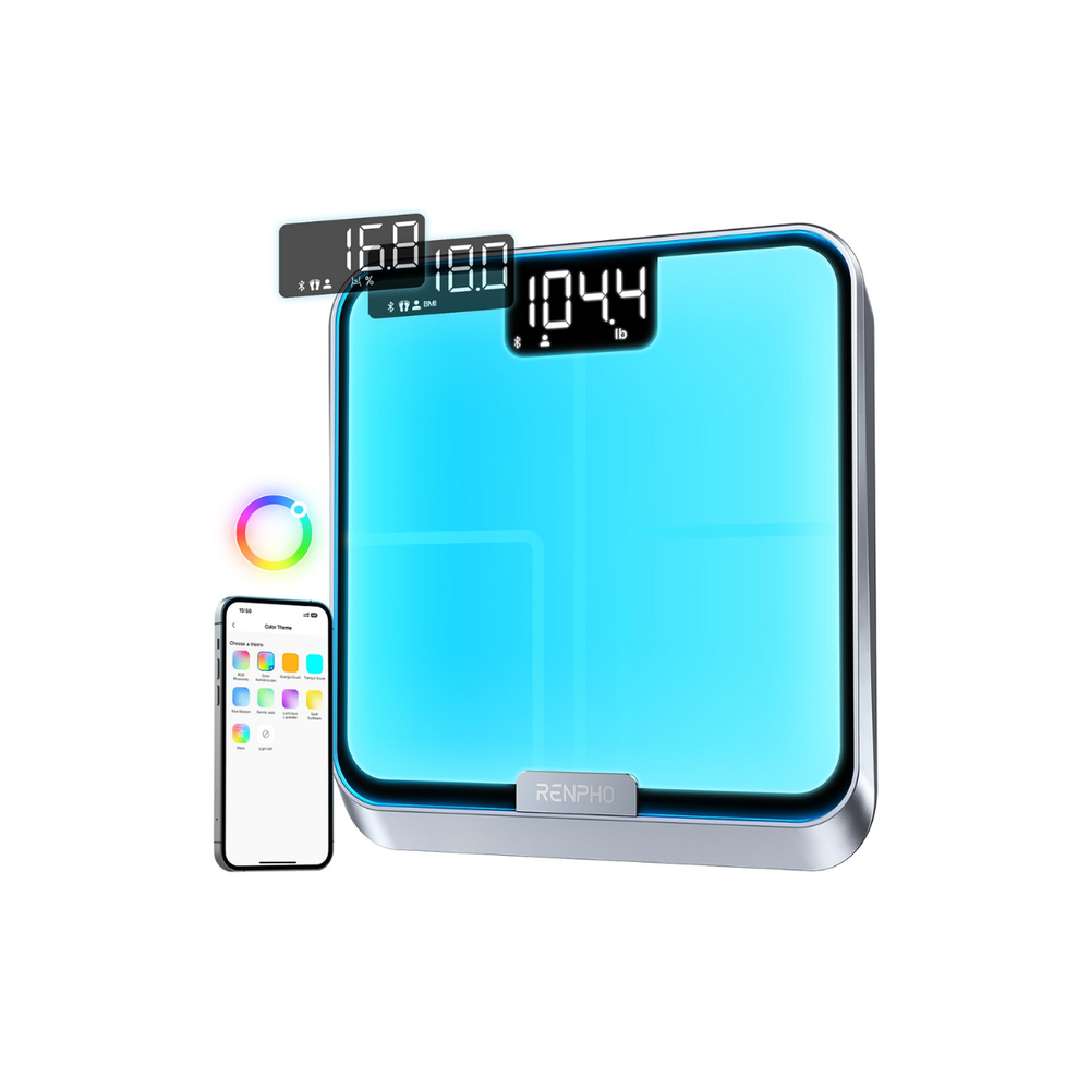 A Renpho Elis Chroma Smart Scale with a sleek black and blue design and a square shape features a digital display showing 104.4 lbs. An inset image highlights the scale's wireless connection to the Renpho Health app, which displays weight, BMI, and other health metrics. This smart scale is perfect for tracking progress effortlessly. (A)