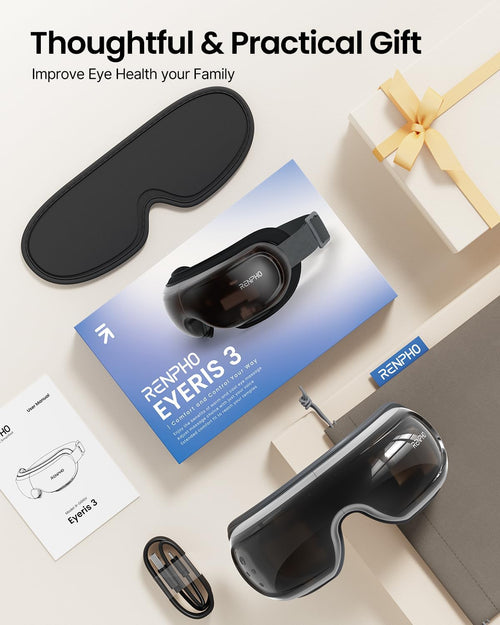 An advertisement showcasing eye care devices as a thoughtful gift. It features a Renpho Eyeris 3 Eye Massager with voice control, its packaging, and a description card, all arranged near a golden gift box.