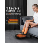 A woman sits beside a Renpho Shiatsu Foot Massager Compact displaying heat levels, resting her legs on it. The ad text highlights "3 levels soothing heat" and temperature benefits for warmth and pain relief.