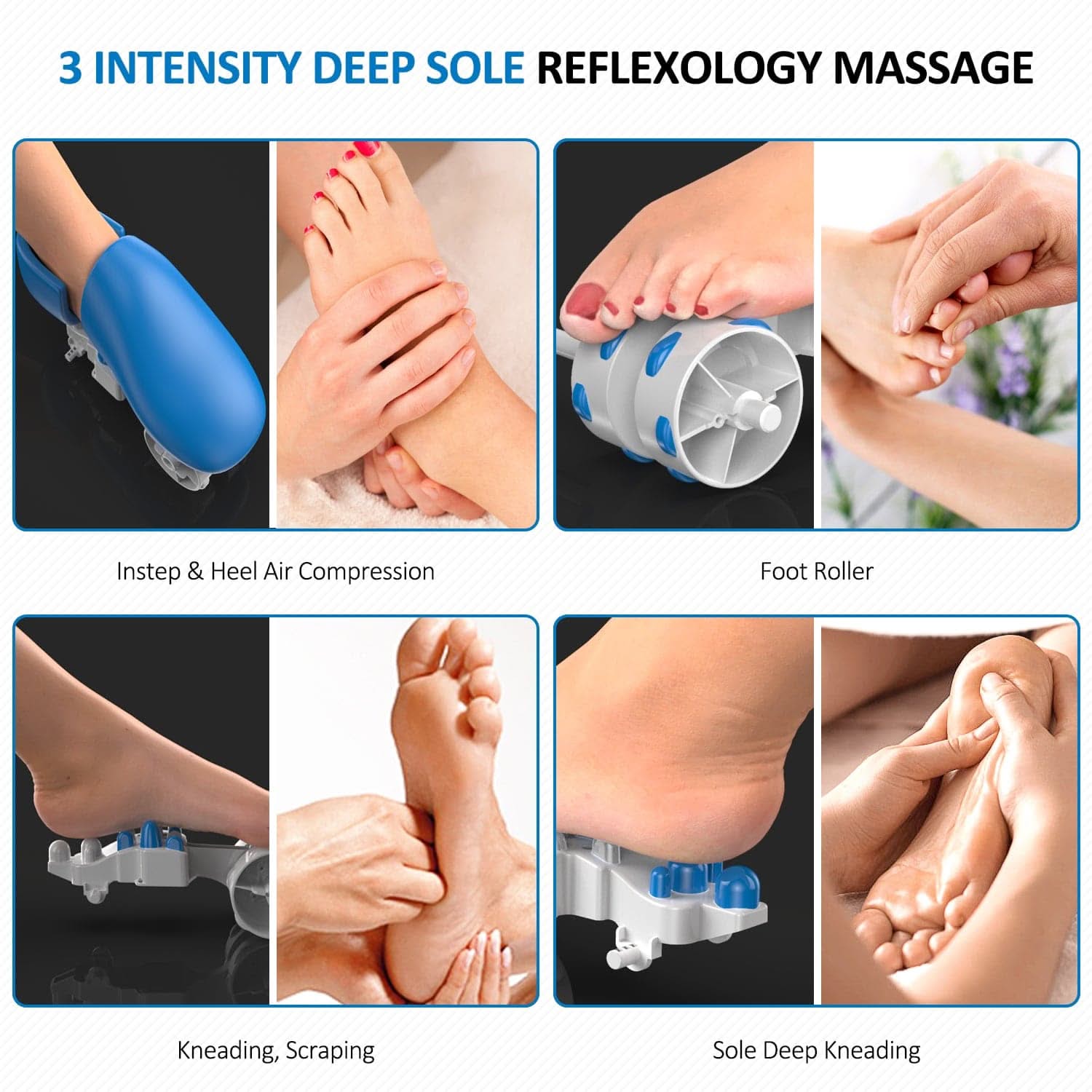 An infographic illustrating three types of deep sole reflexology massages: instep and heel air compression, foot roller massage showing kneading and scraping actions, and Renpho's Shiatsu Foot Massager Pro + for sole.