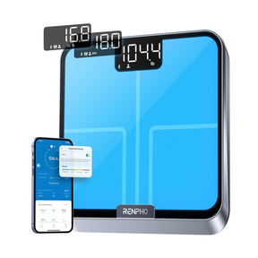A Renpho Elis Chroma smart scale with health readings and fitness metrics displayed on a phone (A)