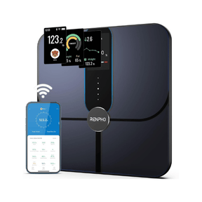 A sleek Elis Nova Smart Scale in black, displaying body measurements such as weight, body fat percentage, and muscle mass on a blue LCD screen, paired with a smartphone showing a sync data app screen by Renpho. (A)