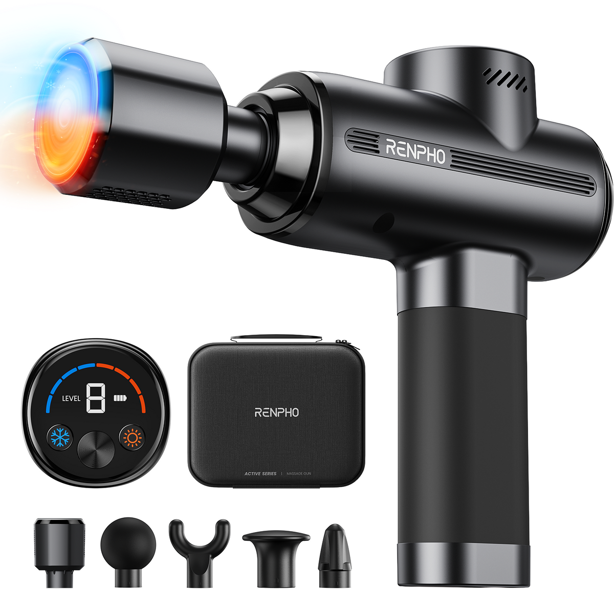 Black RENPHO Active Thermacool 2 massage gun with temperature-control head and attachments