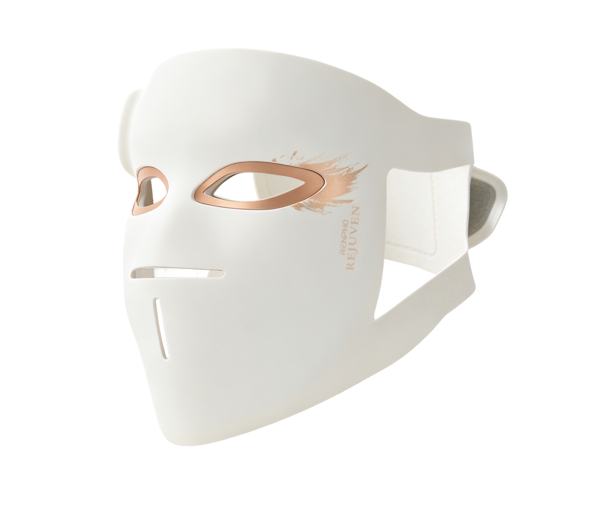 RENPHO ARTEMIS II Aër LED face mask in white silicone with rose-gold eye trim and adjustable head strap, three-quarter view