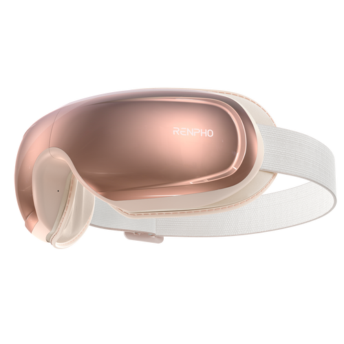 The image shows the Eyeris 3 Rosé Eye Massager by Renpho, featuring a sleek rose gold finish and an adjustable white strap. The front panel is reflective and smooth, prominently displaying the Renpho logo in white. Integrating eye care and acupressure techniques, this massager boasts a modern ergonomic design for comfort and relaxation. (A)