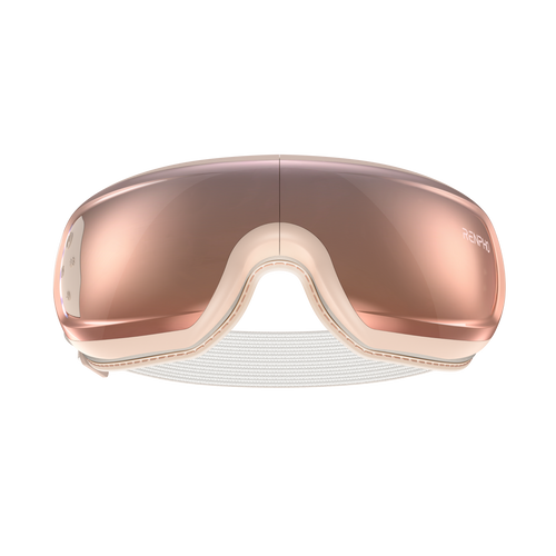 A front view of the sleek Renpho Eyeris 3 Rosé Eye Massager with a reflective rose-gold lens. The device features a light beige frame and a partially visible white adjustable strap, offering a seamless and modern appearance that also promotes eye care. (A)