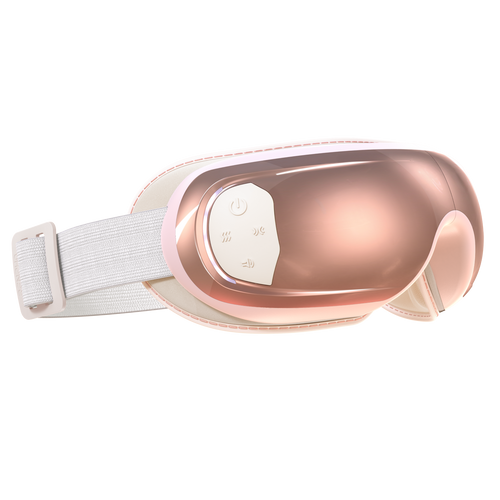 The Renpho Eyeris 3 Rosé Eye Massager is a rose gold and white electronic eye mask with a white adjustable velcro strap, designed for optimal eye care. The front panel features buttons for power, settings, and Bluetooth. Its sleek design has a glossy finish, giving it a modern, high-tech appearance. (A)