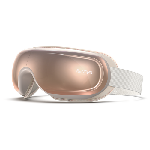 Introducing the Eyeris 3 Rosé Eye Massager by Renpho—a pair of high-tech eye massager goggles with a sleek, modern design featuring a reflective bronze surface. The goggles have a white elastic band, and the brand name "Renpho" is visible on the side. This advanced eye care device, inspired by acupressure techniques, rests on a white surface with a soft shadow underneath. (A)