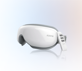 A pair of Renpho Bluetooth glasses with a remote control on them designed to alleviate eye strain, called the Eyeris 1 Eye Massager.(new) (A)