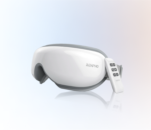 A pair of Renpho Bluetooth glasses with a remote control on them designed to alleviate eye strain, called the Eyeris 1 Eye Massager.(new) 