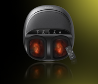 A Renpho Shiatsu Foot Massager Pro + with glowing red heat elements, set against a dark background with a reflective surface. The device has control buttons displayed on the top.