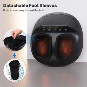 A Renpho Shiatsu Foot Massager Premium (Remote) with glowing red heat elements and detachable black foot sleeves. A hand unzips a foot sleeve, indicating ease of washing. The front panel has touch controls. (A)