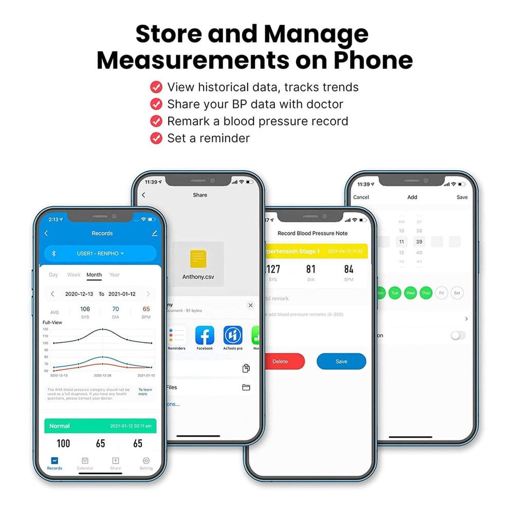 Store and monitor measurements on iPhone with the Renpho Blood Pressure Monitor + app. (A)