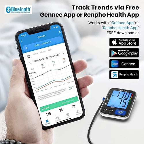 A person using the Renpho Blood Pressure Monitor + app on their smartphone.