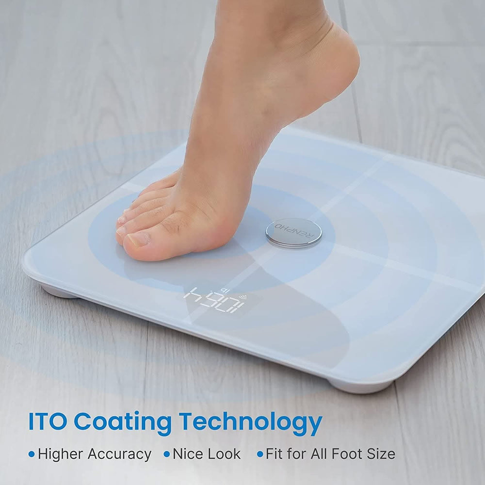 A woman using the Elis Aspire Smart Body Scale (White) to monitor her wellness and health with Renpho coating technology.