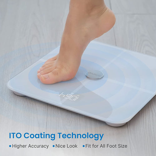 A woman using the Elis Aspire Smart Body Scale (White) to monitor her wellness and health with Renpho coating technology.