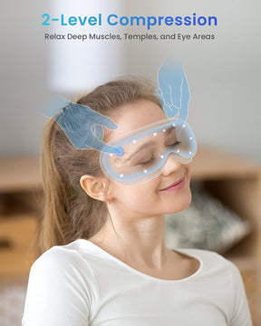 A woman using the Renpho Eyeris 1 Eye Massager Metalle Blue / Seaside for wellness and recovery with adjustable levels of compression. (A)