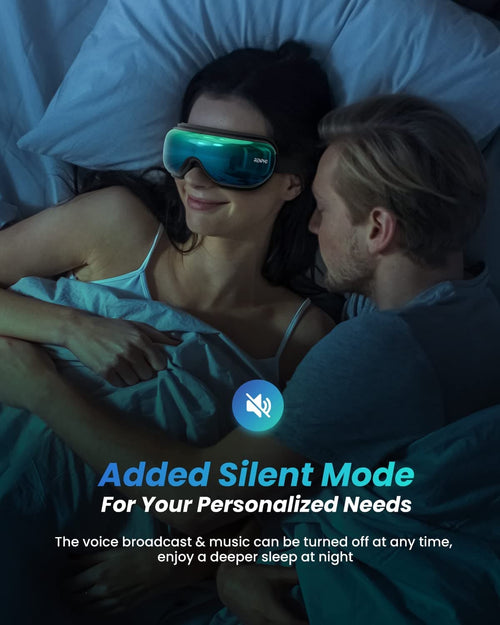 A man and woman laying in bed using the Renpho Eyeris 1 Eye Massager - Silver Teal for relaxation and improved eye health with the text added silent mode for your personalized needs.