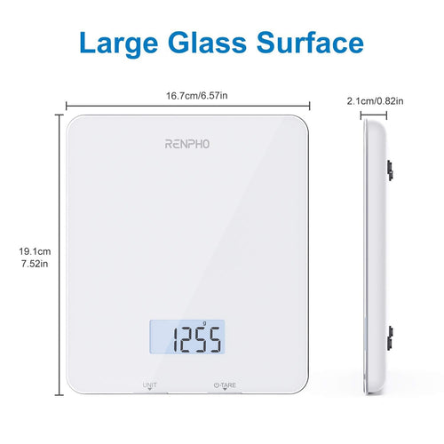 A Renpho Calibra 1 Smart Nutrition Scale (White) designed for health-conscious individuals with a large glass surface.