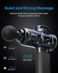 Image of the Renpho Active Massage Gun with a transparent outer casing showing internal components. The top text reads "Quiet and Strong Massage." Below it states, "Perform deep-tissue massage with a high torque brushless motor for ultimate muscle relaxation." Noise levels are compared: "70dB City traffic," "60dB Conversation," "50dB Pouring water," and "40dB Lower Noise.