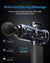 An advertisement for the R3 Active Massage Gun by Renpho showing a close-up of the device set against a dark background. Text highlights its quietness and muscle relaxation abilities, with noise level comparisons on the left side ranging from