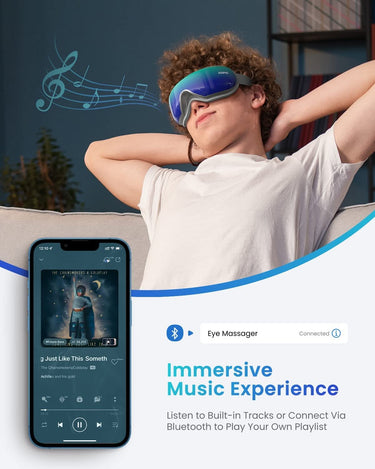 A man uses the Renpho Eyeris 1 Eye Massager for health and relaxation while listening to music with Seaside headphones. (A)