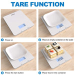 A series of pictures demonstrating the health benefits and fitness applications of the Renpho Calibra 1 Smart Nutrition Scale (White).