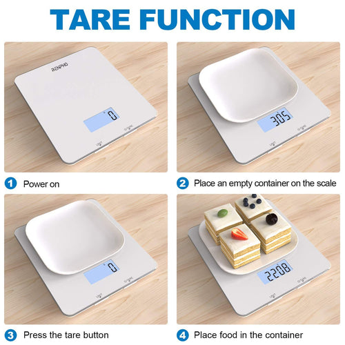 A series of pictures demonstrating the health benefits and fitness applications of the Renpho Calibra 1 Smart Nutrition Scale (White).