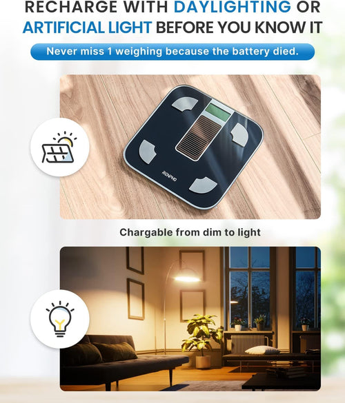 A picture of the Renpho Elis Solar Smart Body Scale and a picture of a fitness room.