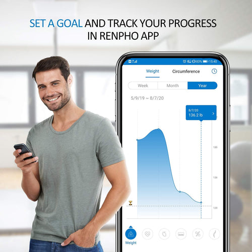 A man using the Renpho app to track his fitness progress and health goals on his phone. (A)