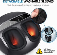 An electric Renpho Shiatsu Foot Massager Pro + with glowing red heat function; detailed controls on the top, zipped, detachable, washable sleeves, and a notice highlighting the machine's resistance to water soaking.