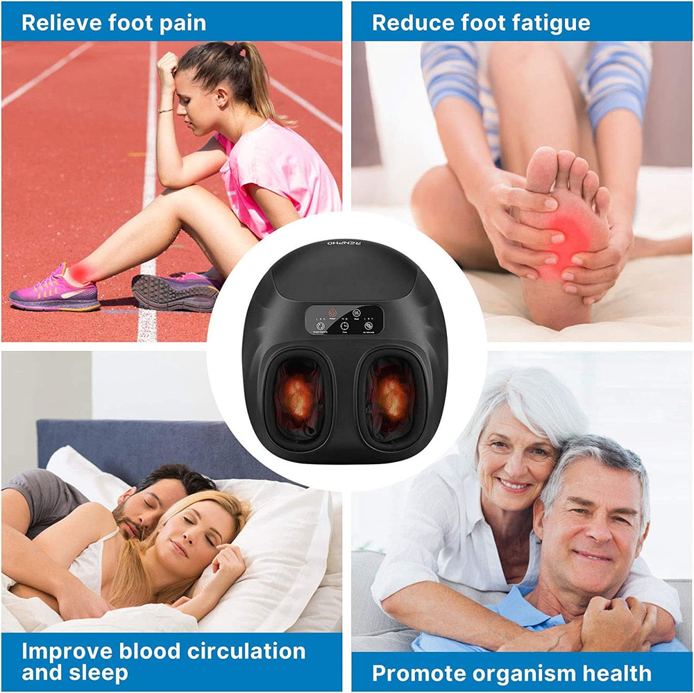 A series of pictures depicting the fitness and health benefits of using the Renpho Foot Massager 069R.