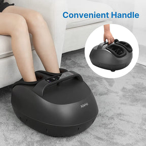 A woman is sitting on a couch indulging in ultimate comfort with her feet on a Renpho Shiatsu Foot Massager Premium +.  (A)