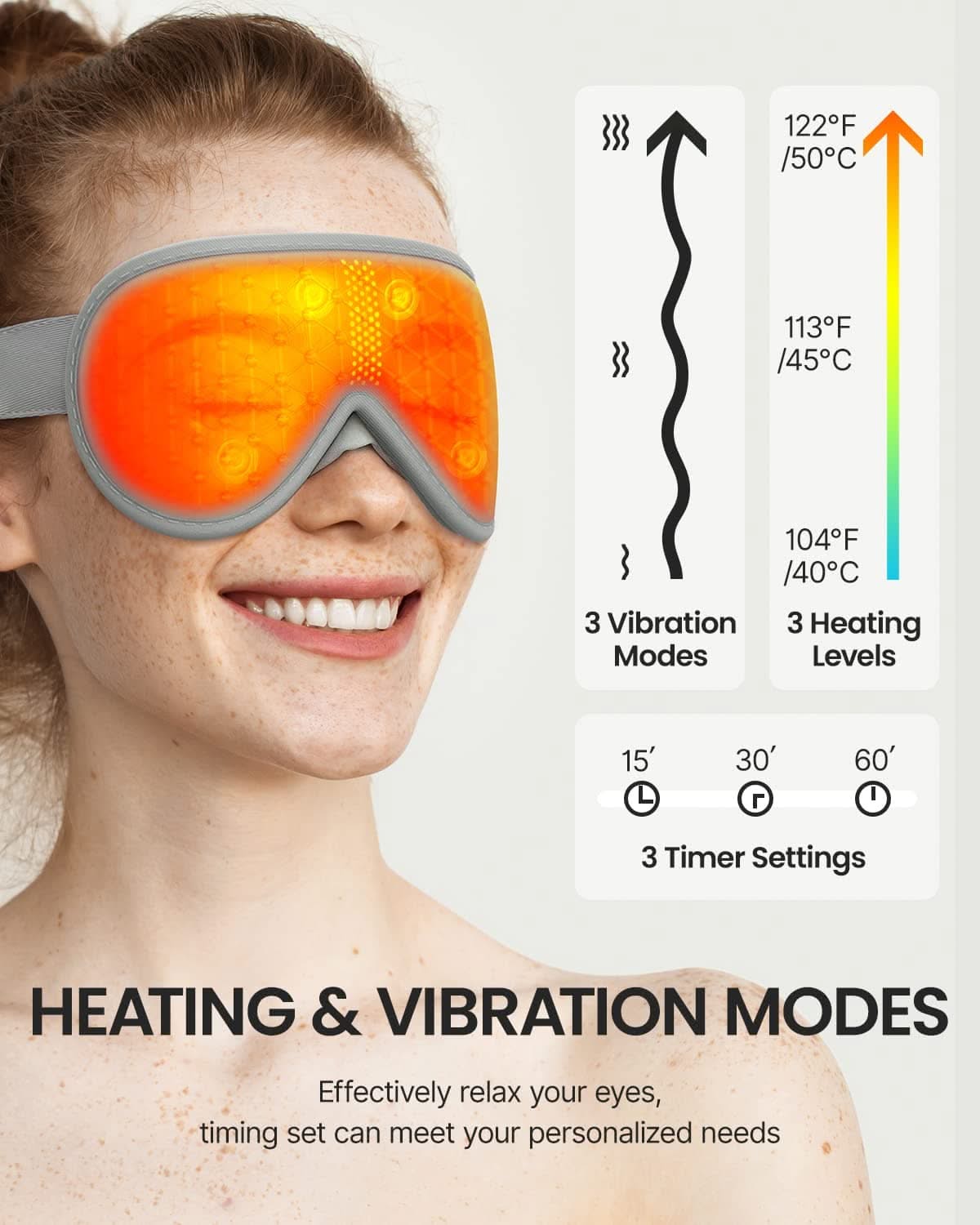 A woman is using a Renpho EyeSnooze sleep mask for wellness.