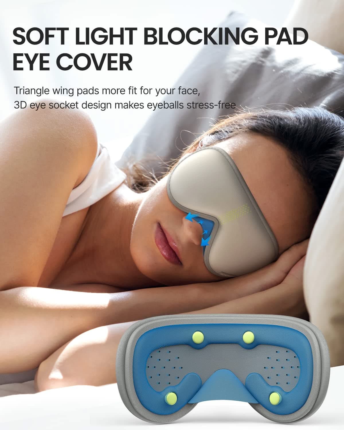 A woman experiencing wellness and recovery by sleeping with the Renpho EyeSnooze Sleep Mask.