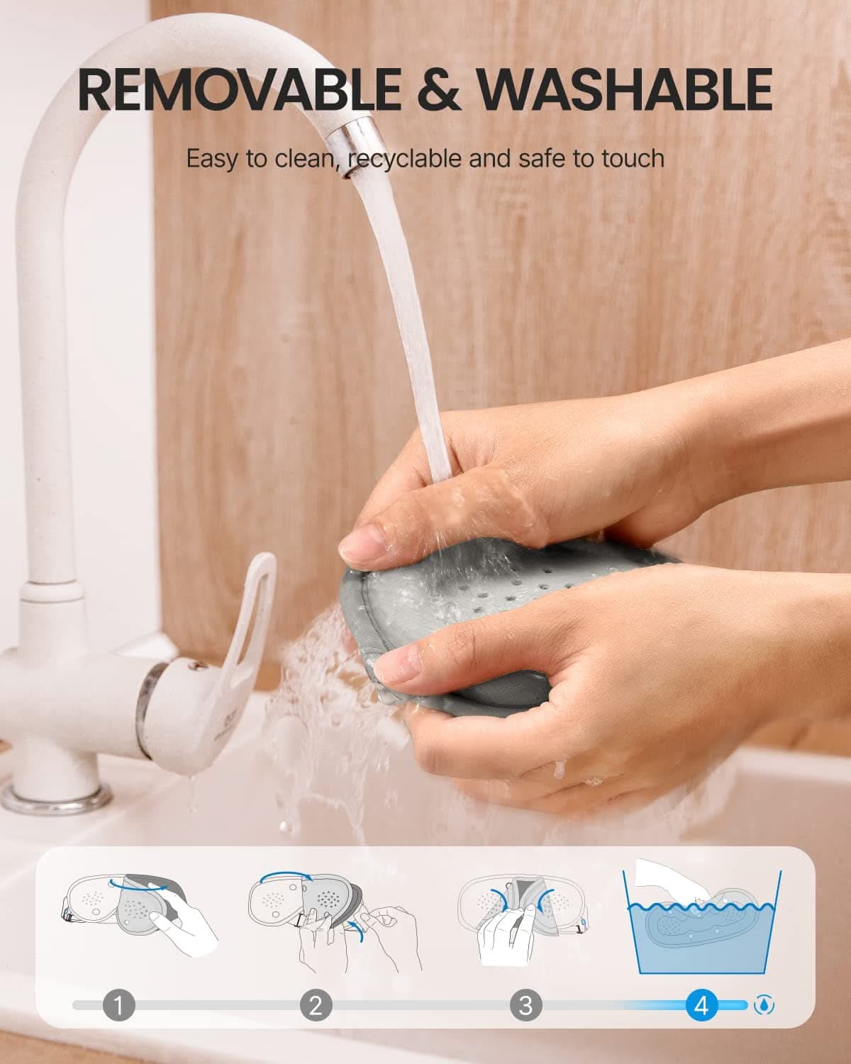 An image of a person wearing the EyeSnooze Sleep Mask by Renpho while washing their hands, promoting health and recovery.