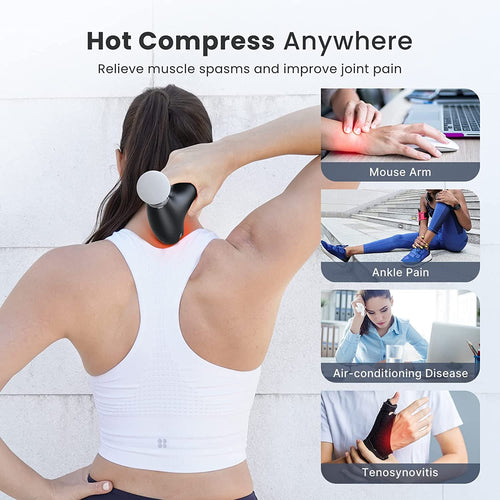 A woman with her back to the camera holds a handheld Lite Massage Gun, by Renpho, against the back of her neck. The text reads "Hot Compress Anywhere" and lists benefits such as relieving muscle spasms and improving joint pain. Images on the right showcase how adjustable massage settings can help alleviate issues like mouse arm, ankle pain, air-conditioning disease, and tenosynovitis.