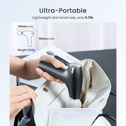 A person is placing the Renpho Lite Massage Gun, an ultra-portable and lightweight black handheld massager weighing just 320 grams (0.7 pounds), into a white bag. The diagram highlights its compact dimensions of 155mm x 150mm. This massage gun features adjustable massage settings for optimal comfort.