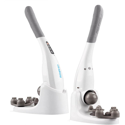 Two Renpho handheld massagers designed to relieve muscle tension, featuring massage head attachments, placed on a white background.