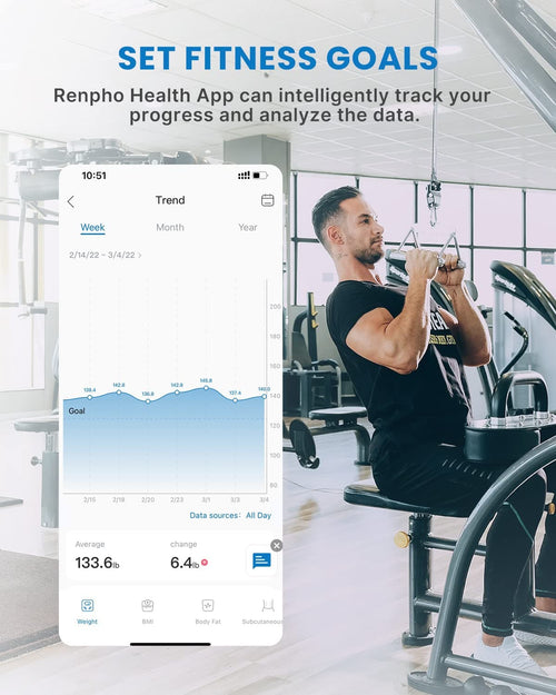 A man is working out in a gym to improve his wellness and fitness using the Renpho Elis 1 L Smart Body Scale.