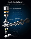 Exploded view of the Renpho Active Massage Gun used for deep-tissue massage. The image highlights various components: high precision housing, high-grade magnetic steel, high-intensity motor coil, piston rod, sliding sleeve, metal eccentric wheel, metal bearing, double shaft transmission arm.